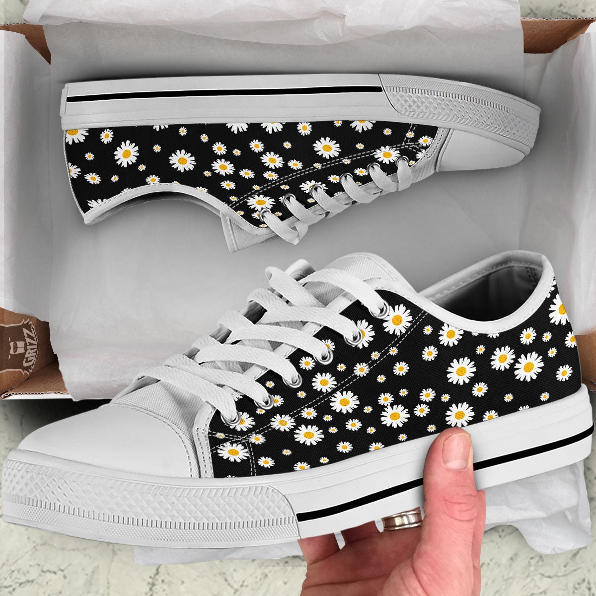 Floral Black Daisy Print Pattern White Low Top Shoes-grizzshop