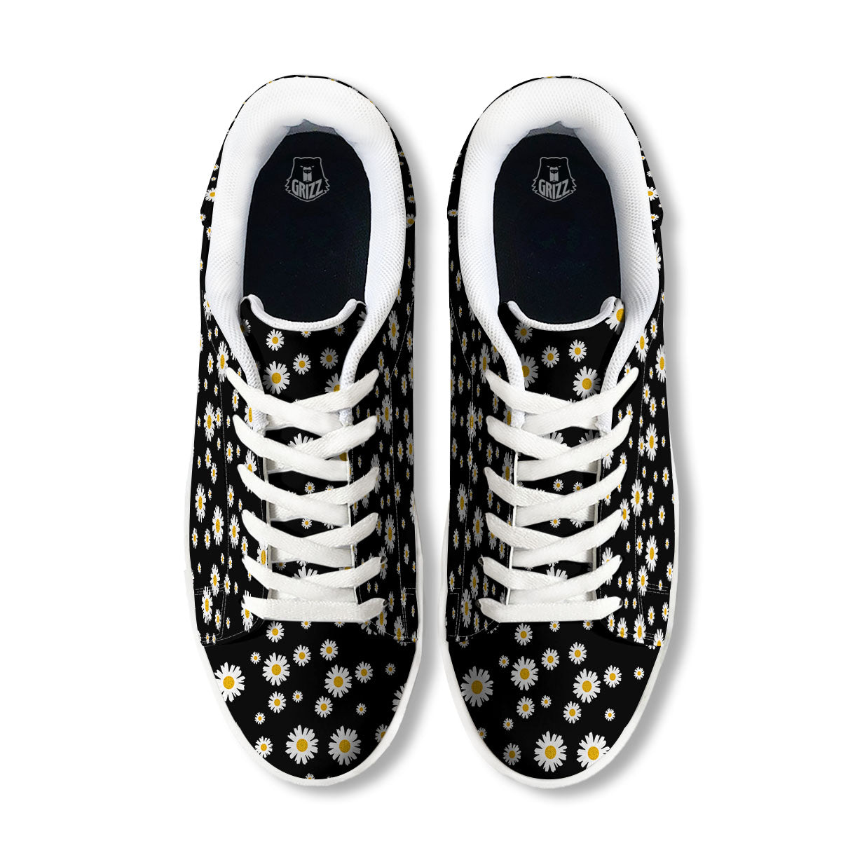 Floral Black Daisy Print Pattern White Low Top Sneakers-grizzshop