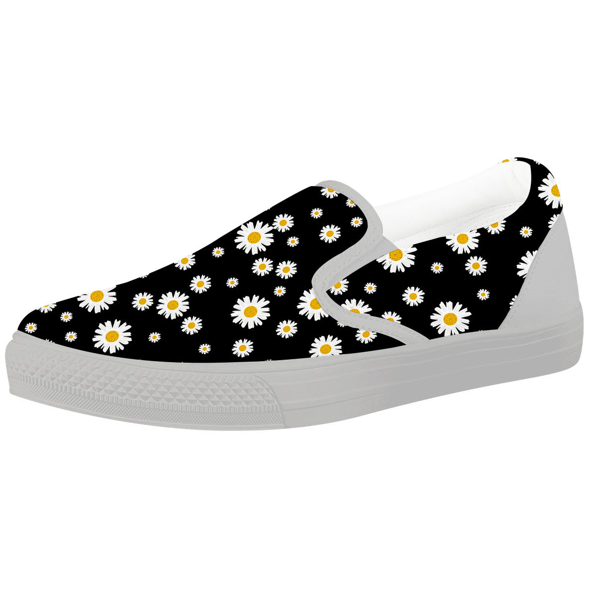 Floral Black Daisy Print Pattern White Slip On Shoes-grizzshop