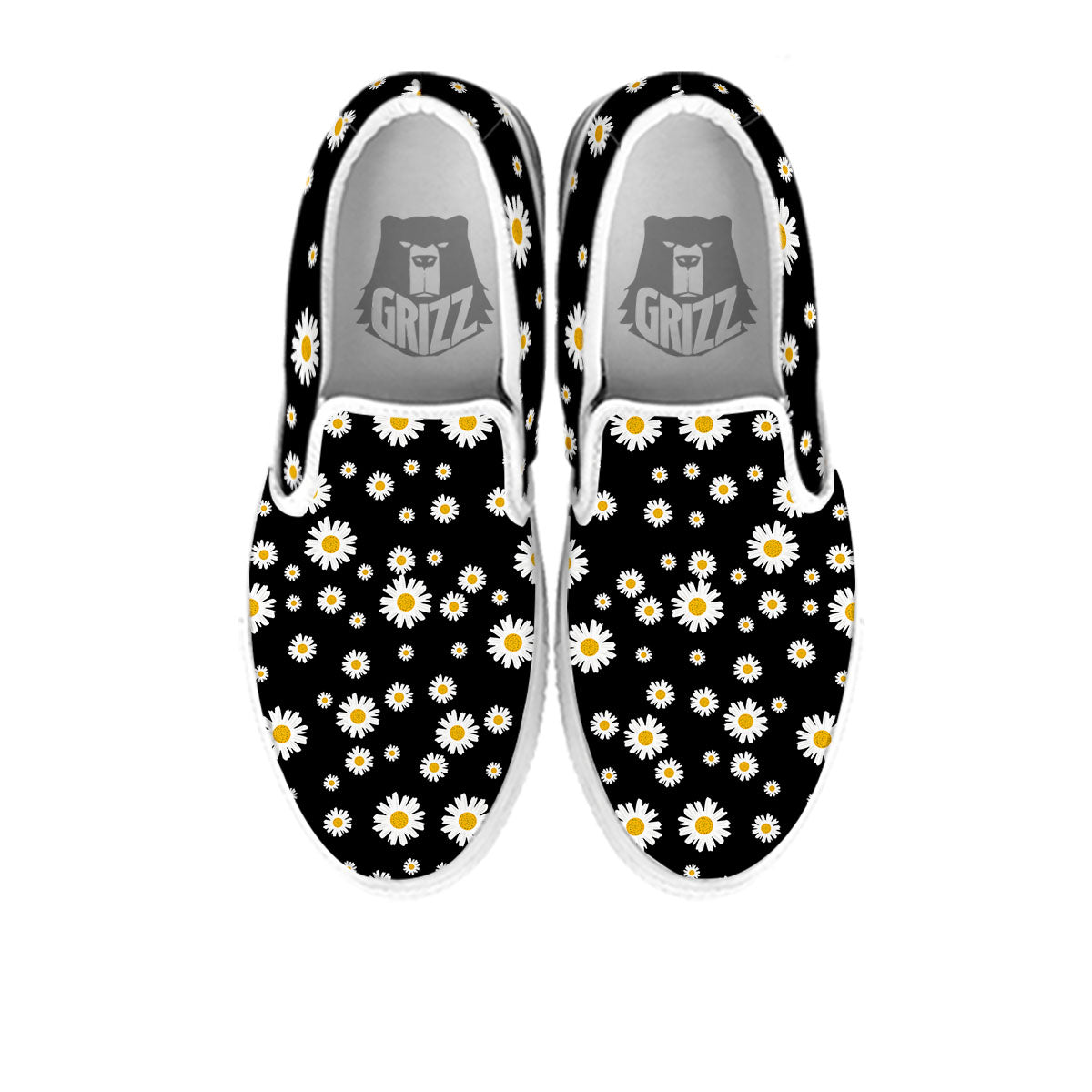 Floral Black Daisy Print Pattern White Slip On Shoes-grizzshop