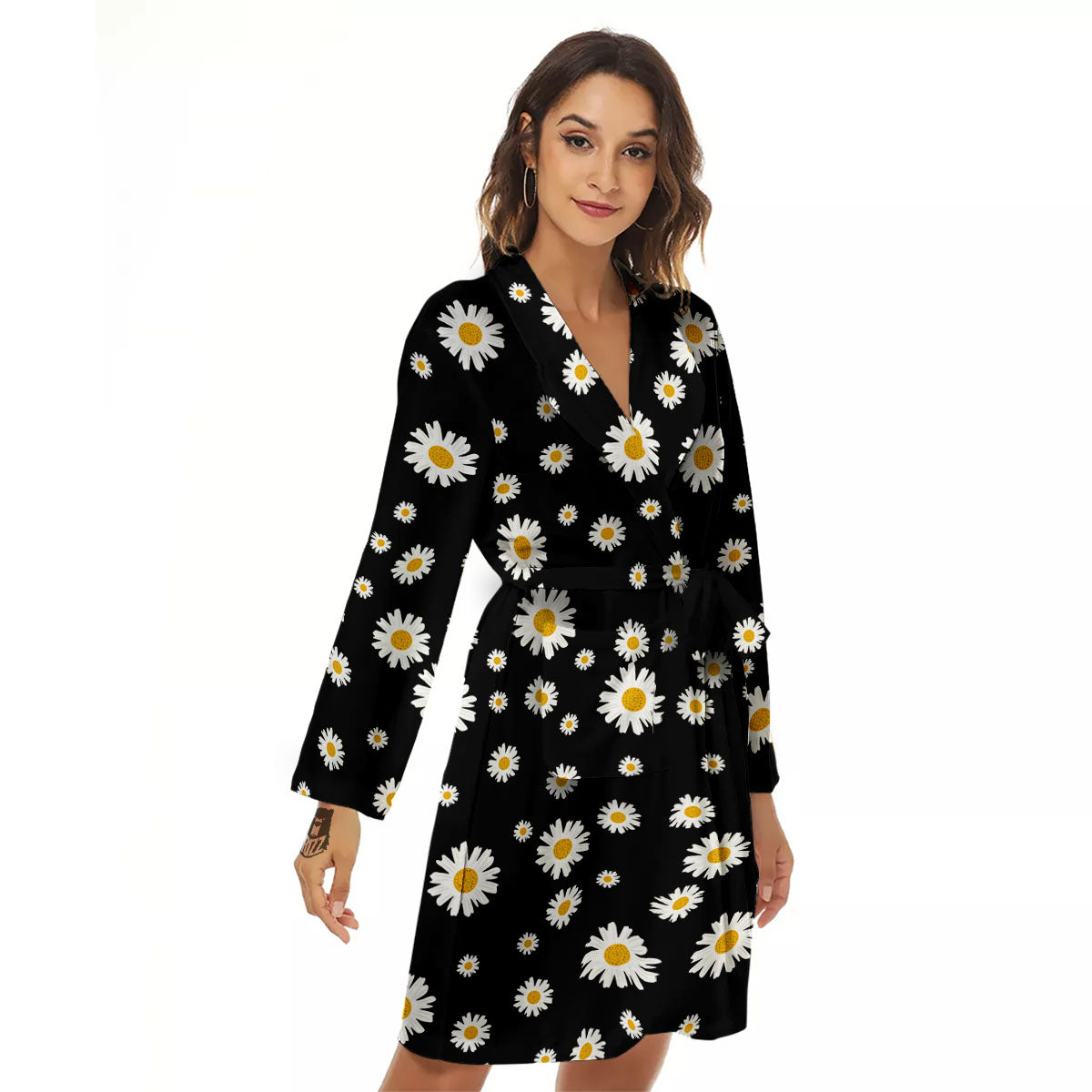 Floral Black Daisy Print Pattern Women's Robe-grizzshop