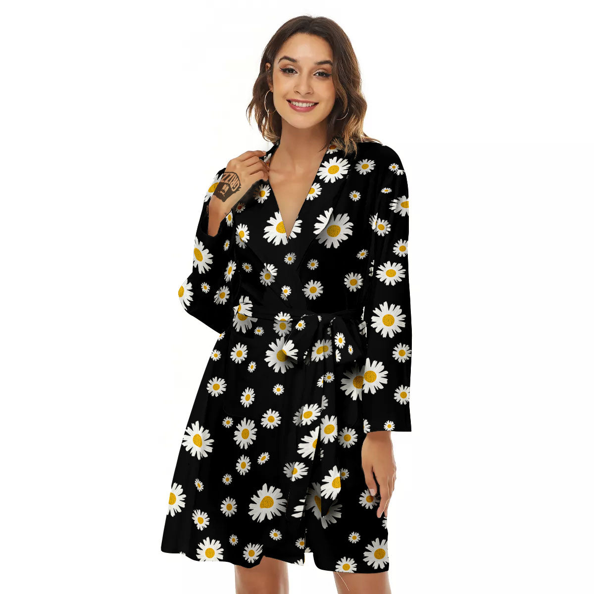 Floral Black Daisy Print Pattern Women's Robe-grizzshop
