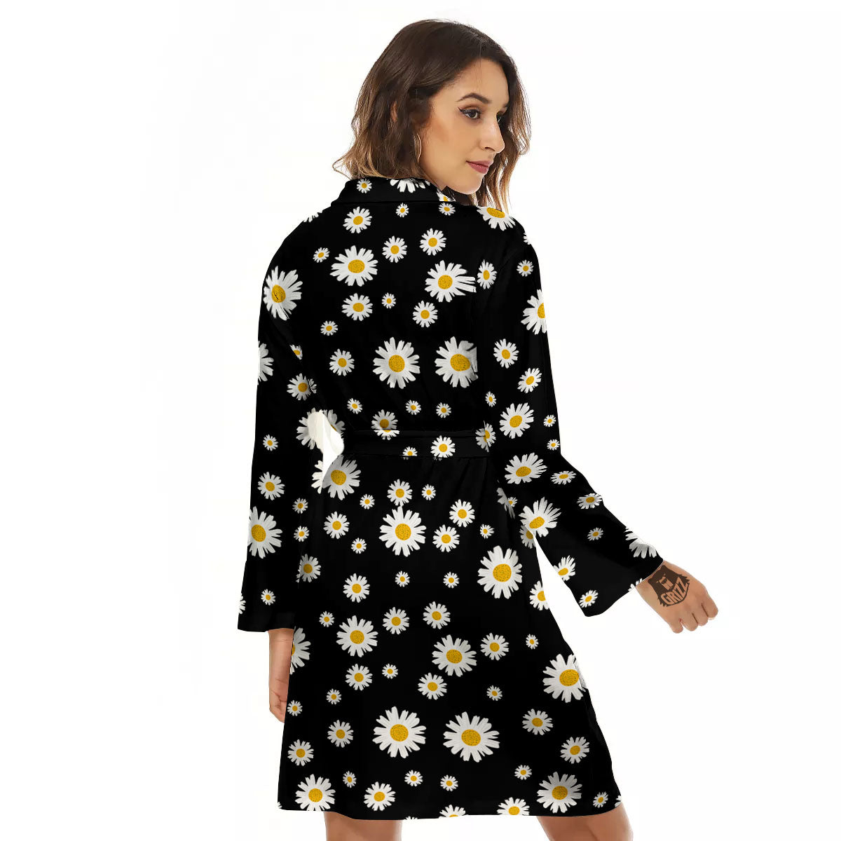 Floral Black Daisy Print Pattern Women's Robe-grizzshop