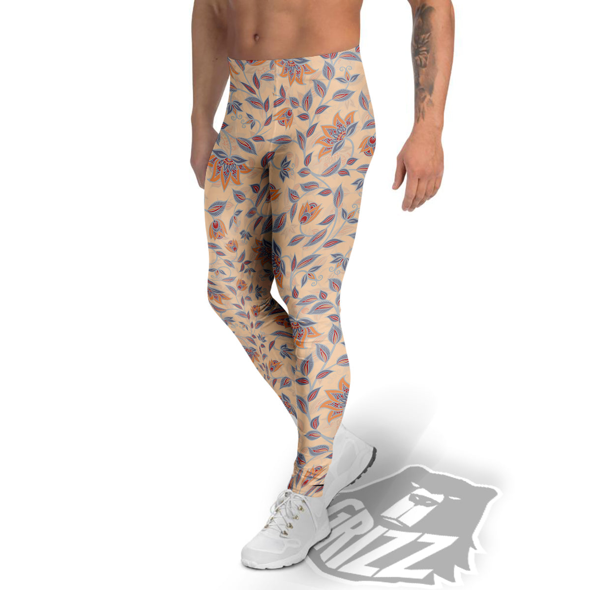 Floral Bohemian Beige Print Pattern Men's Leggings-grizzshop