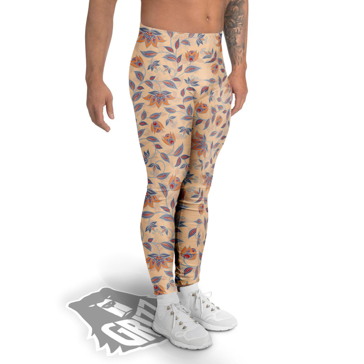 Floral Bohemian Beige Print Pattern Men's Leggings-grizzshop
