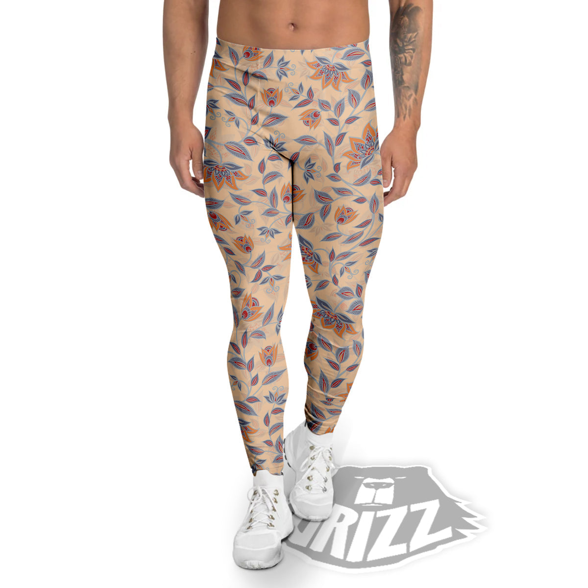 Floral Bohemian Beige Print Pattern Men's Leggings-grizzshop