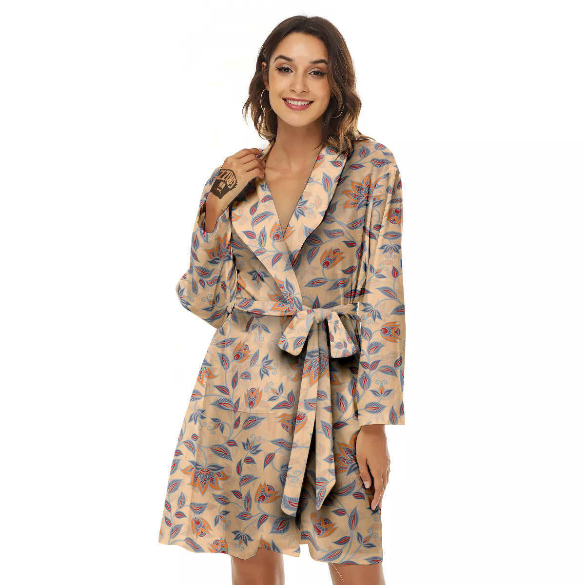 Floral Bohemian Beige Print Pattern Women's Robe-grizzshop