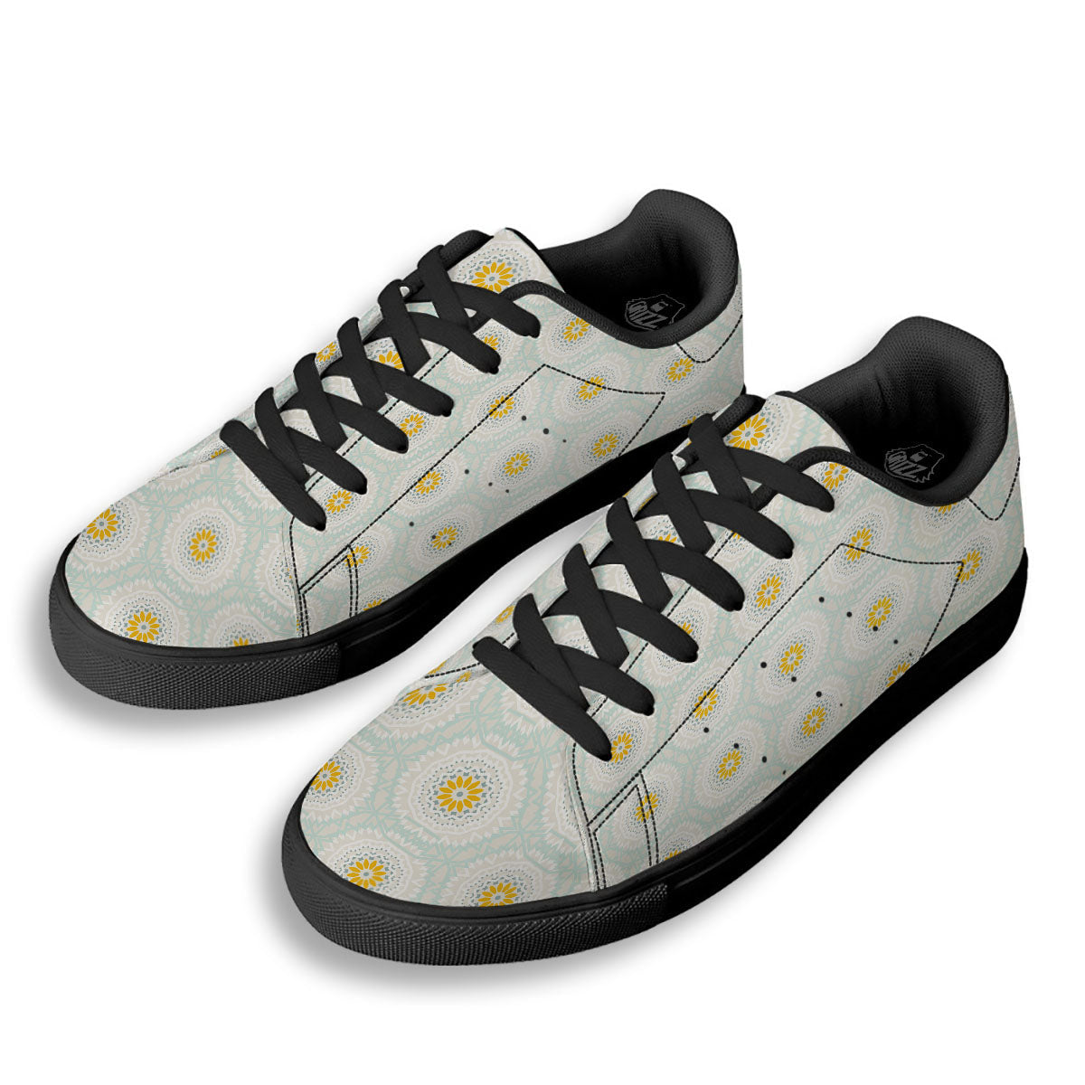 Floral Bohemian Pastel Print Pattern Black Low Top Sneakers-grizzshop