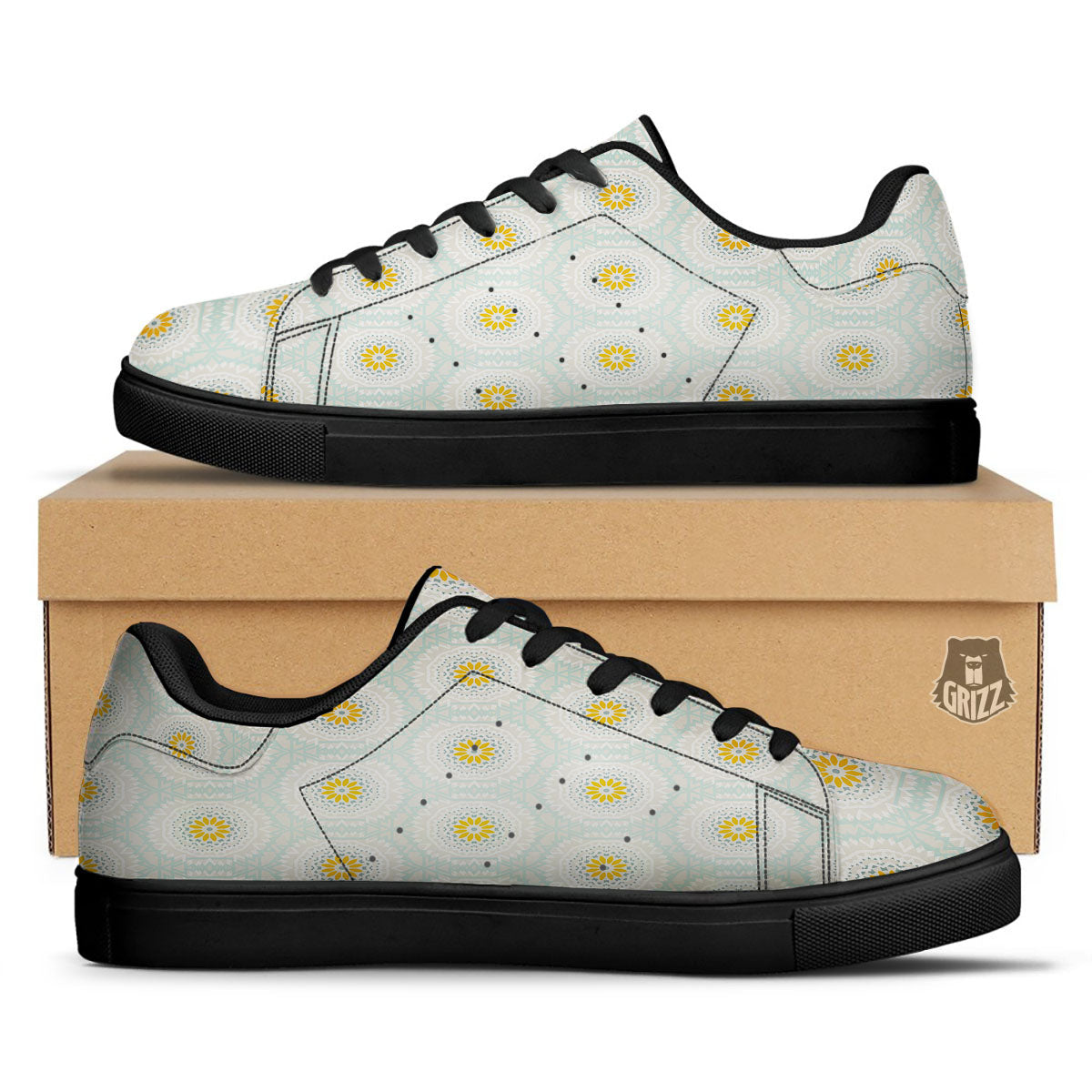Floral Bohemian Pastel Print Pattern Black Low Top Sneakers-grizzshop