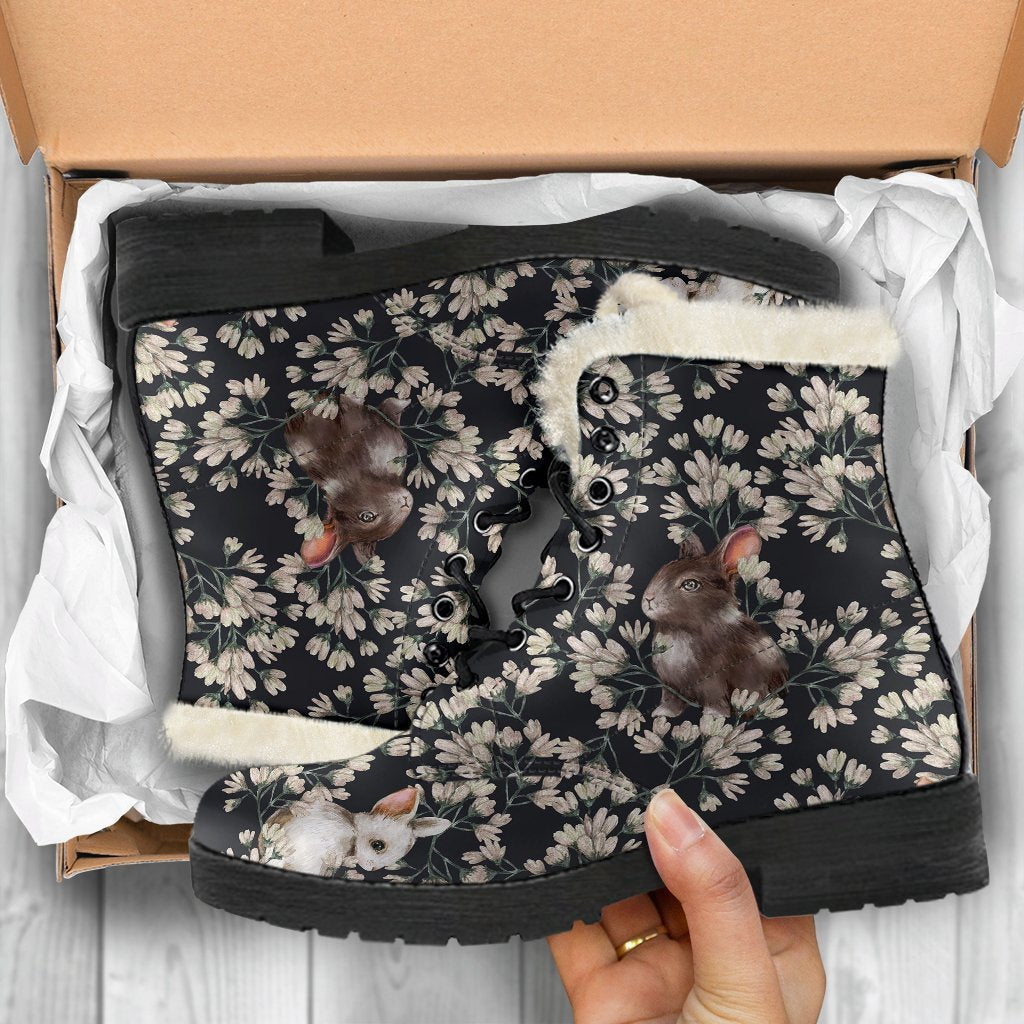 Floral Bunny Rabbit Pattern Print Comfy Winter Boots-grizzshop