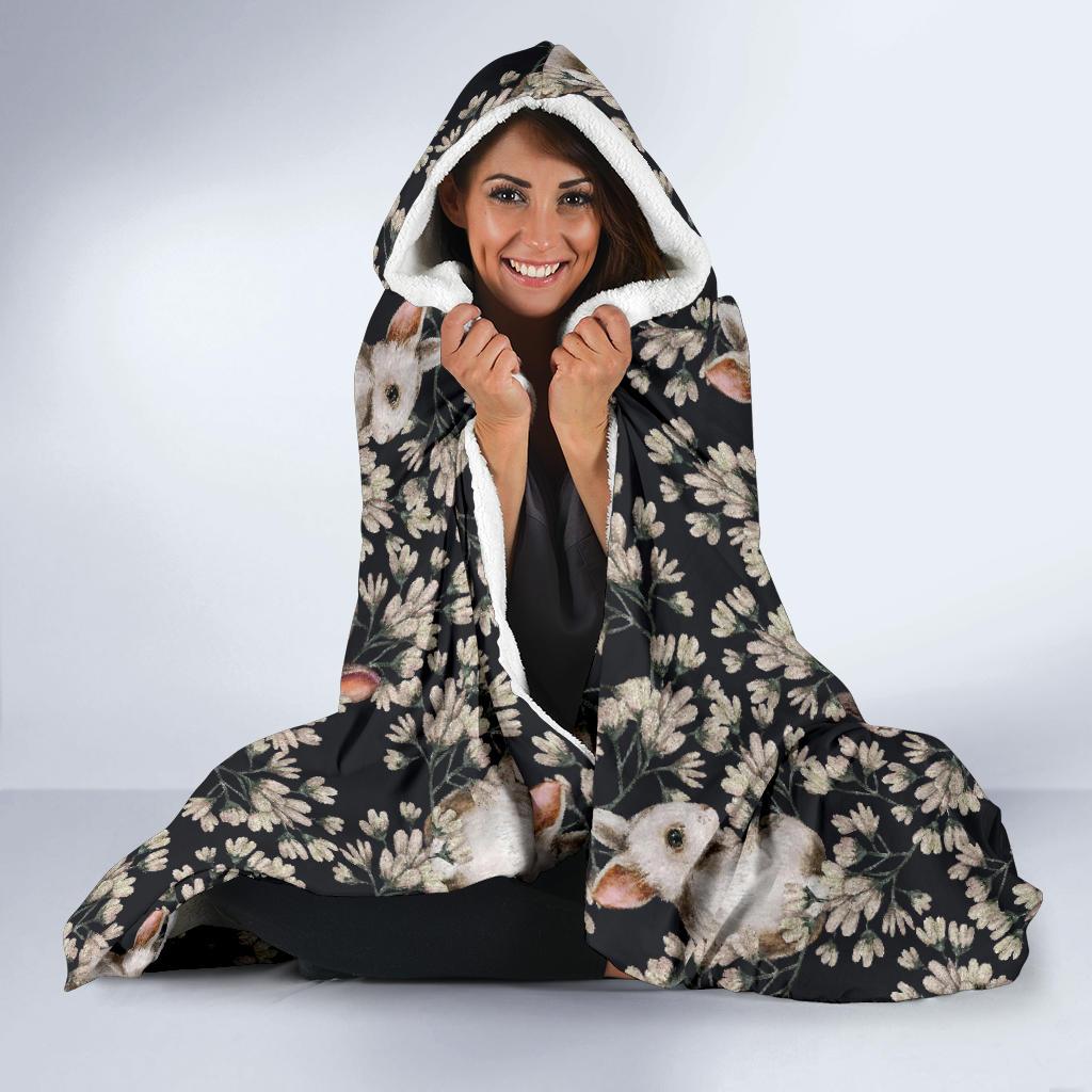 Floral Bunny Rabbit Pattern Print Hooded Blanket-grizzshop