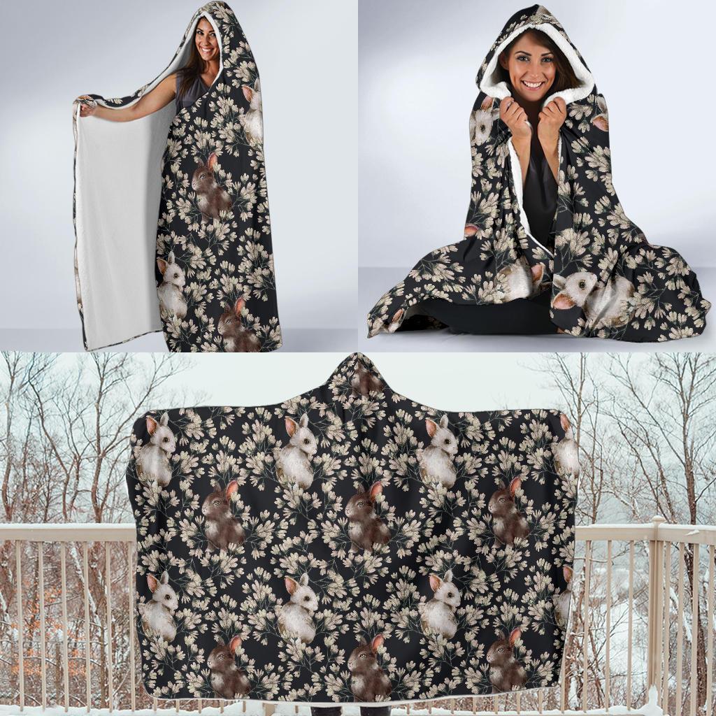 Floral Bunny Rabbit Pattern Print Hooded Blanket-grizzshop
