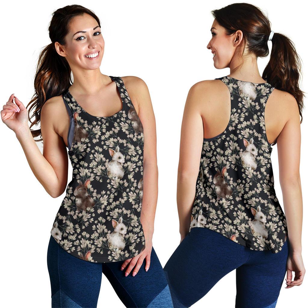 Floral Bunny Rabbit Pattern Print Women's Racerback Tank Tops-grizzshop