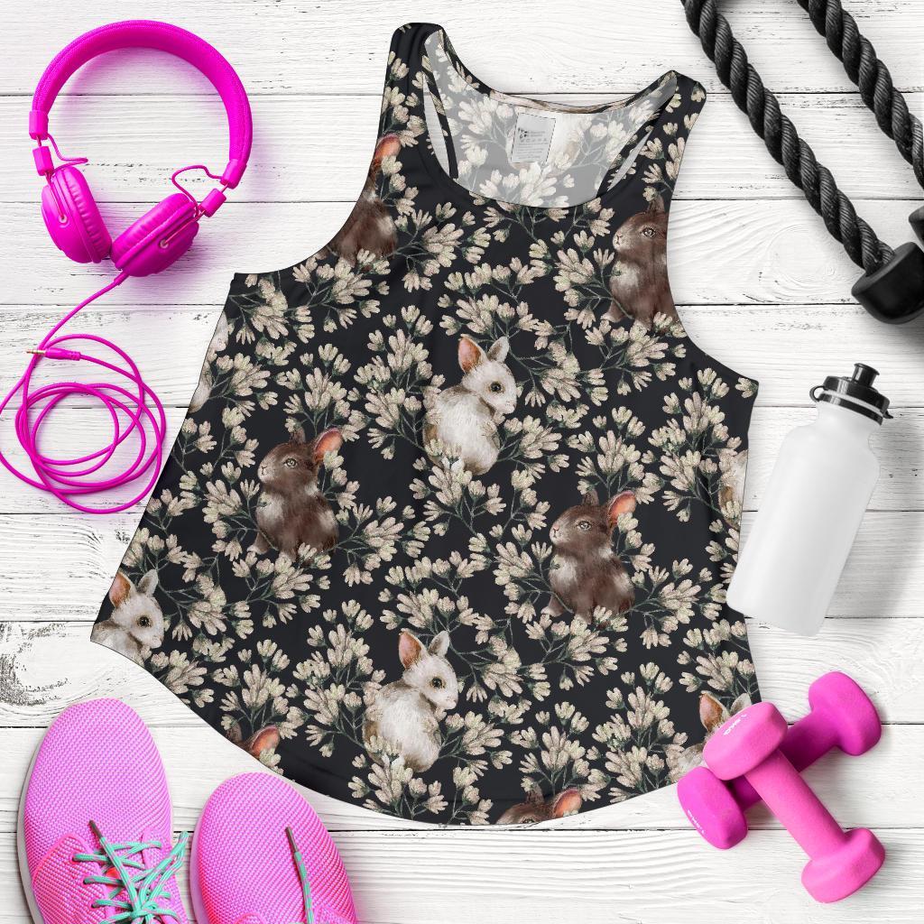Floral Bunny Rabbit Pattern Print Women's Racerback Tank Tops-grizzshop