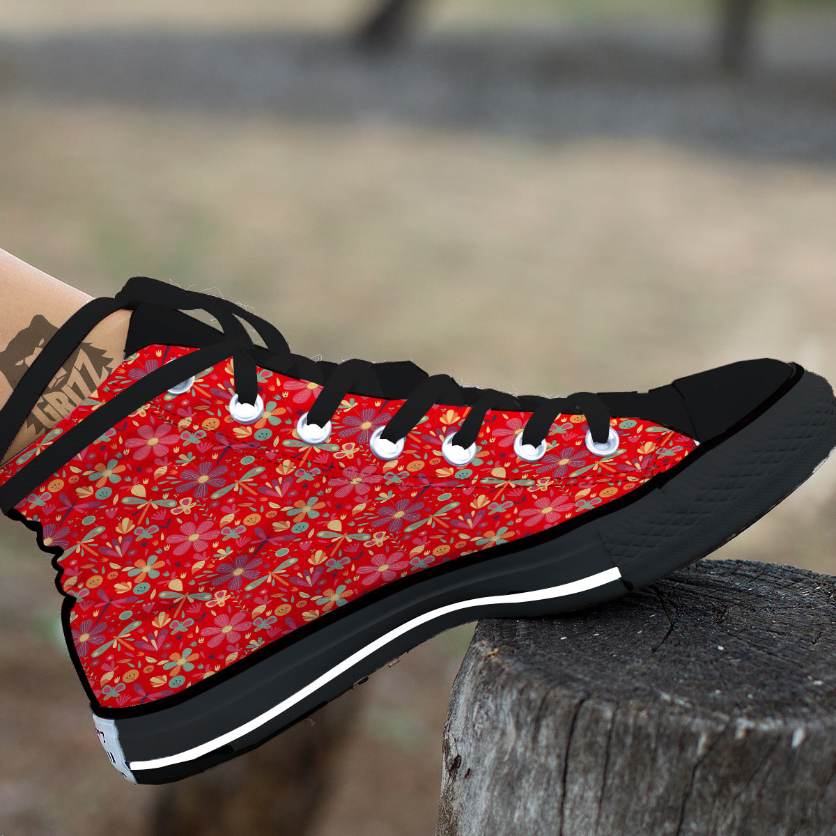 Floral Dragonfly Christmas Print Pattern Black High Top Shoes-grizzshop