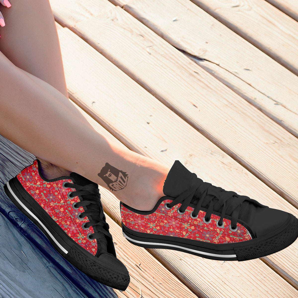 Floral Dragonfly Christmas Print Pattern Black Low Top Shoes-grizzshop