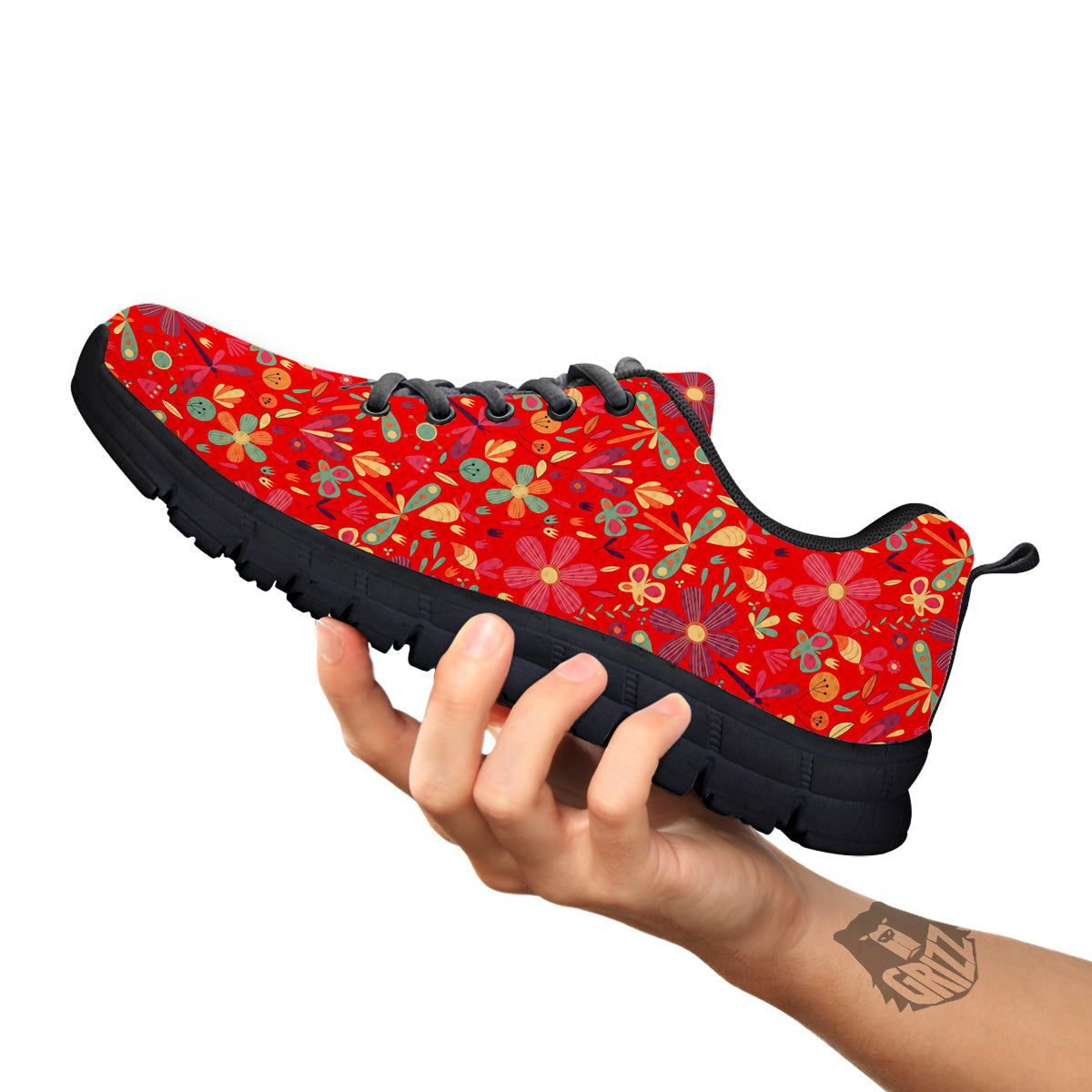 Floral Dragonfly Christmas Print Pattern Black Sneaker-grizzshop