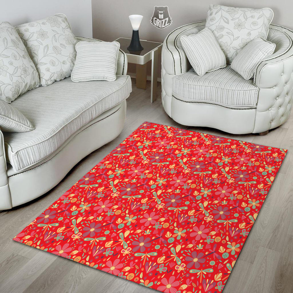 Floral Dragonfly Christmas Print Pattern Floor Mat-grizzshop