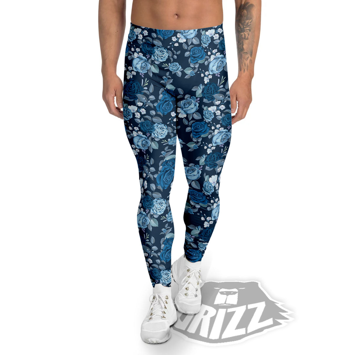 Floral Flower Blue Rose Print Pattern Men's Leggings-grizzshop