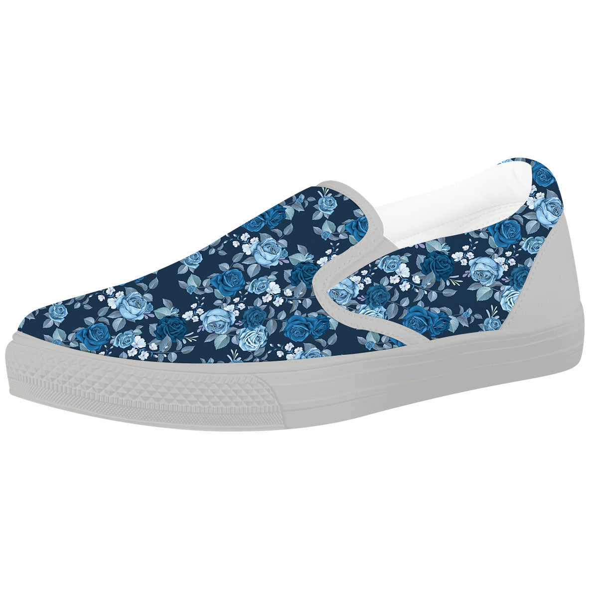Floral Flower Blue Rose Print Pattern White Slip On Shoes-grizzshop