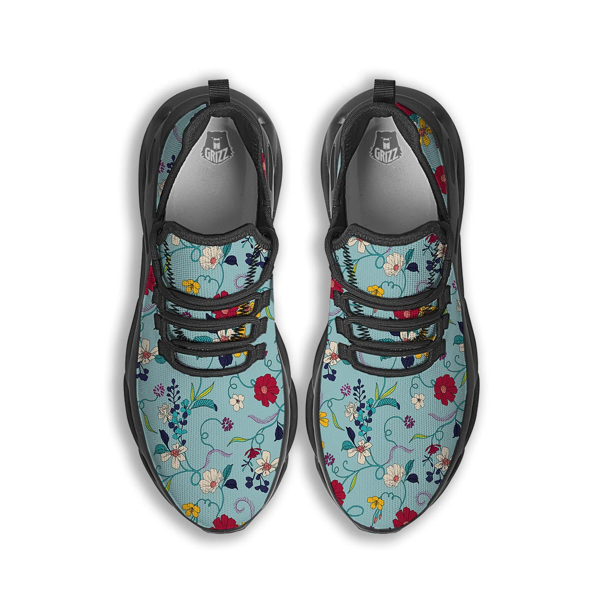 Floral Flower Print Black Running Shoes-grizzshop
