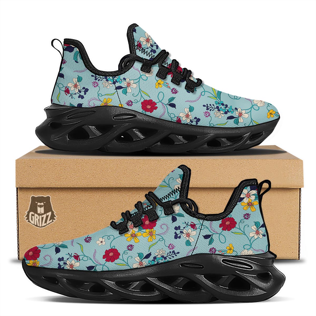 Floral Flower Print Black Running Shoes-grizzshop