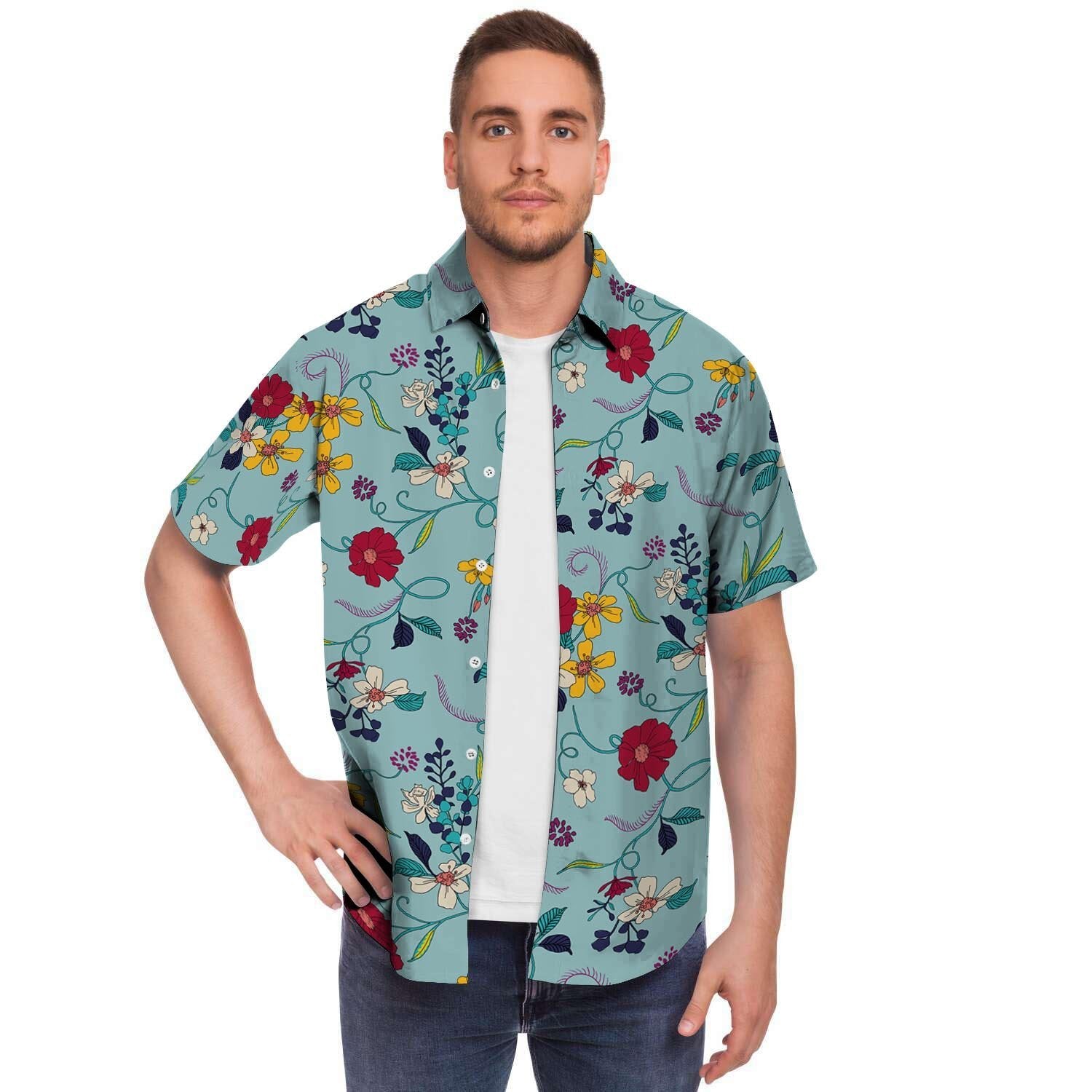 Floral Flower Print Men's Short Sleeve Shirt-grizzshop