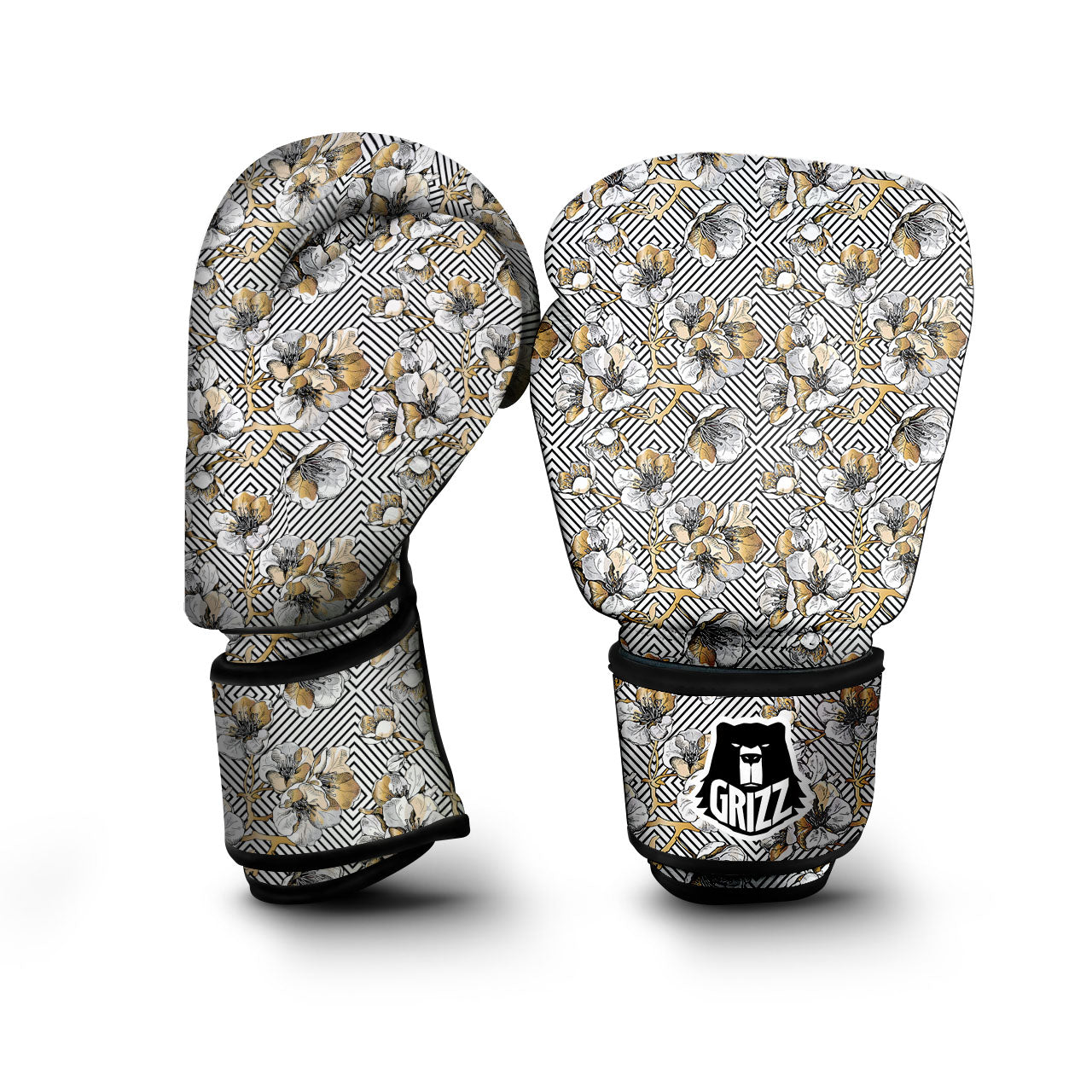 Floral Geometric Japanese Print Pattern Boxing Gloves-grizzshop