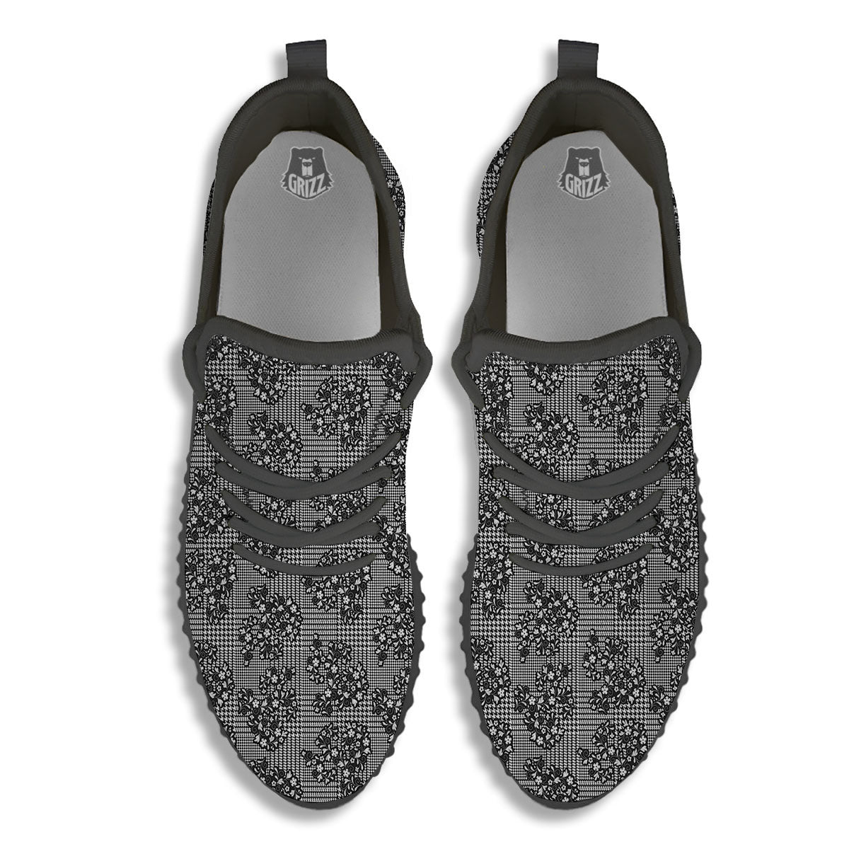 Floral Glen Plaid White And Black Print Black Walking Shoes-grizzshop