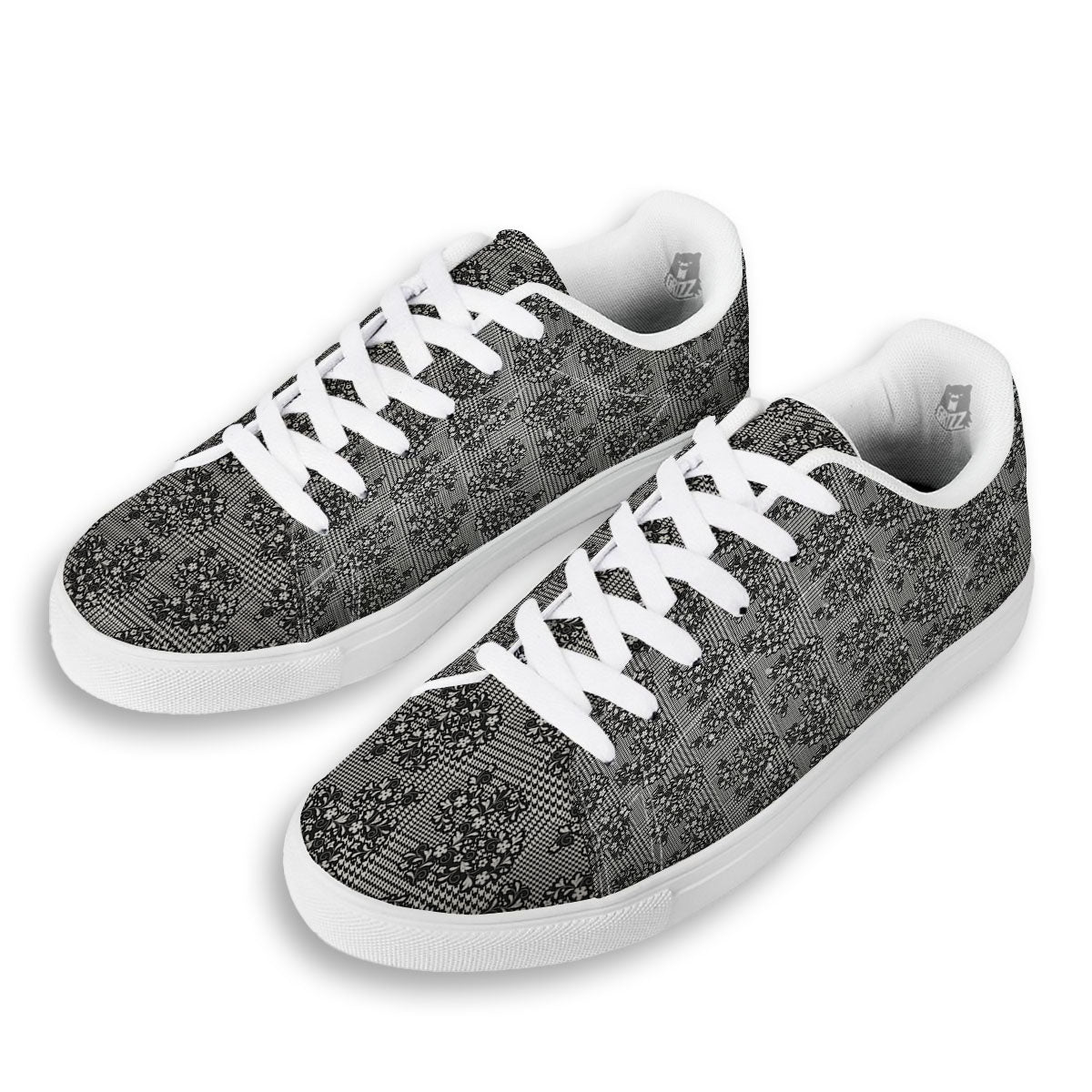Floral Glen Plaid White And Black Print White Low Top Sneakers-grizzshop
