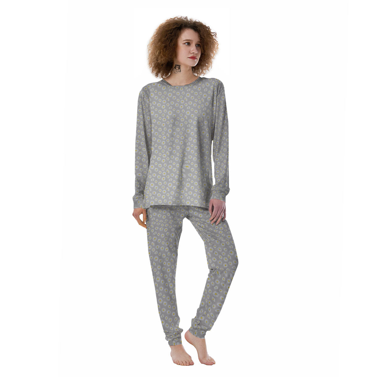 Floral Grey Daisy Print Pattern Women's Pajamas-grizzshop