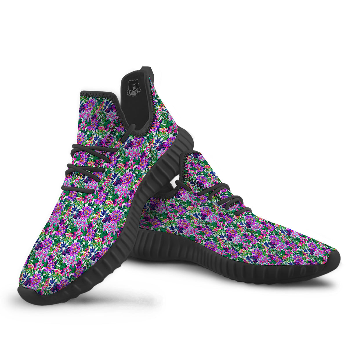 Floral Hawaii Colorful Print Pattern Black Walking Shoes-grizzshop