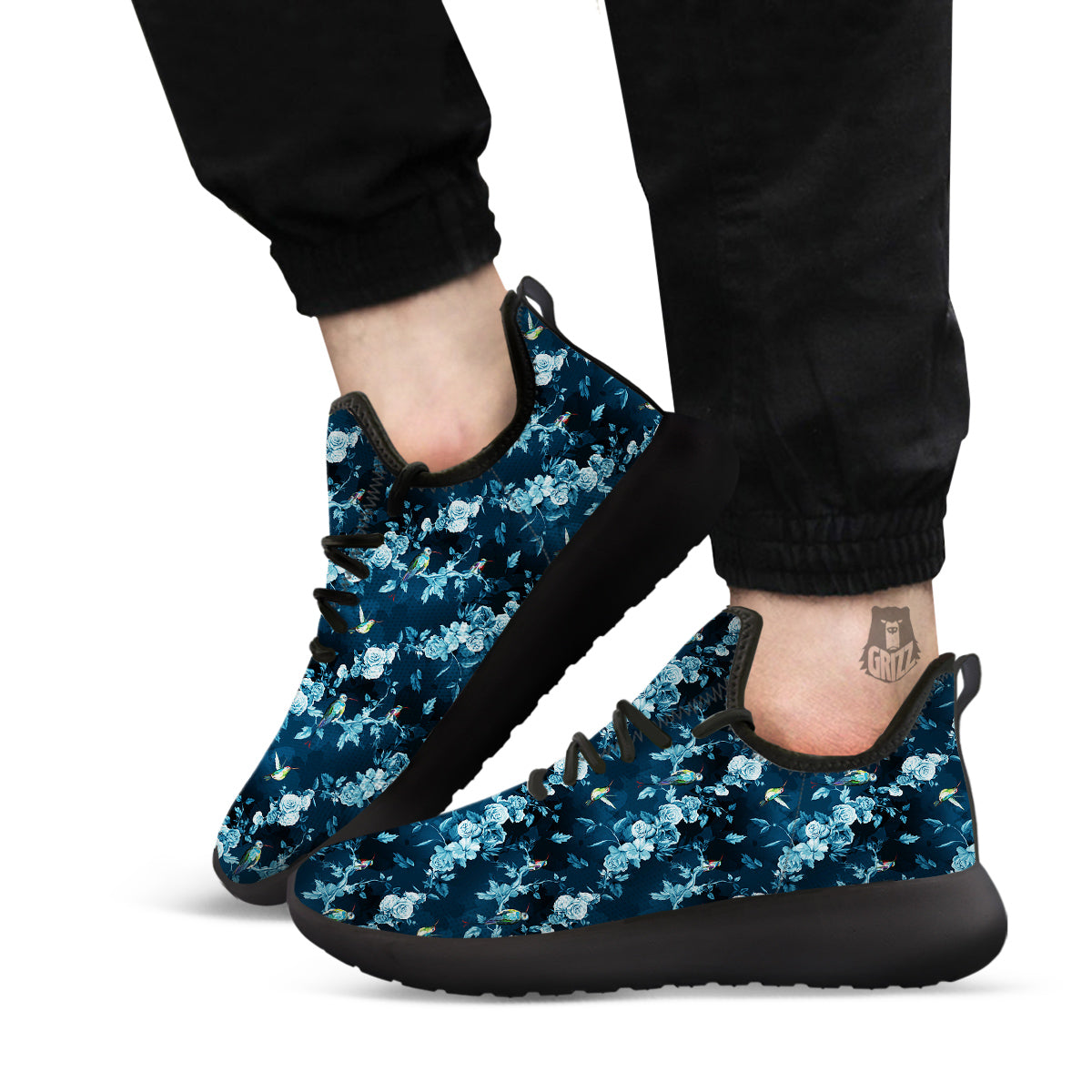 Floral Hummingbird Dark Blue Print Black Athletic Shoes-grizzshop