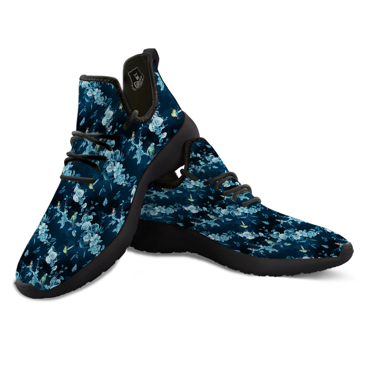 Floral Hummingbird Dark Blue Print Black Athletic Shoes-grizzshop