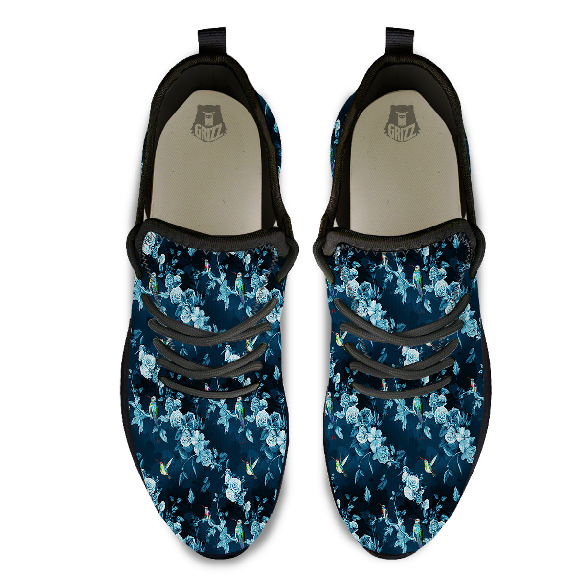Floral Hummingbird Dark Blue Print Black Athletic Shoes-grizzshop