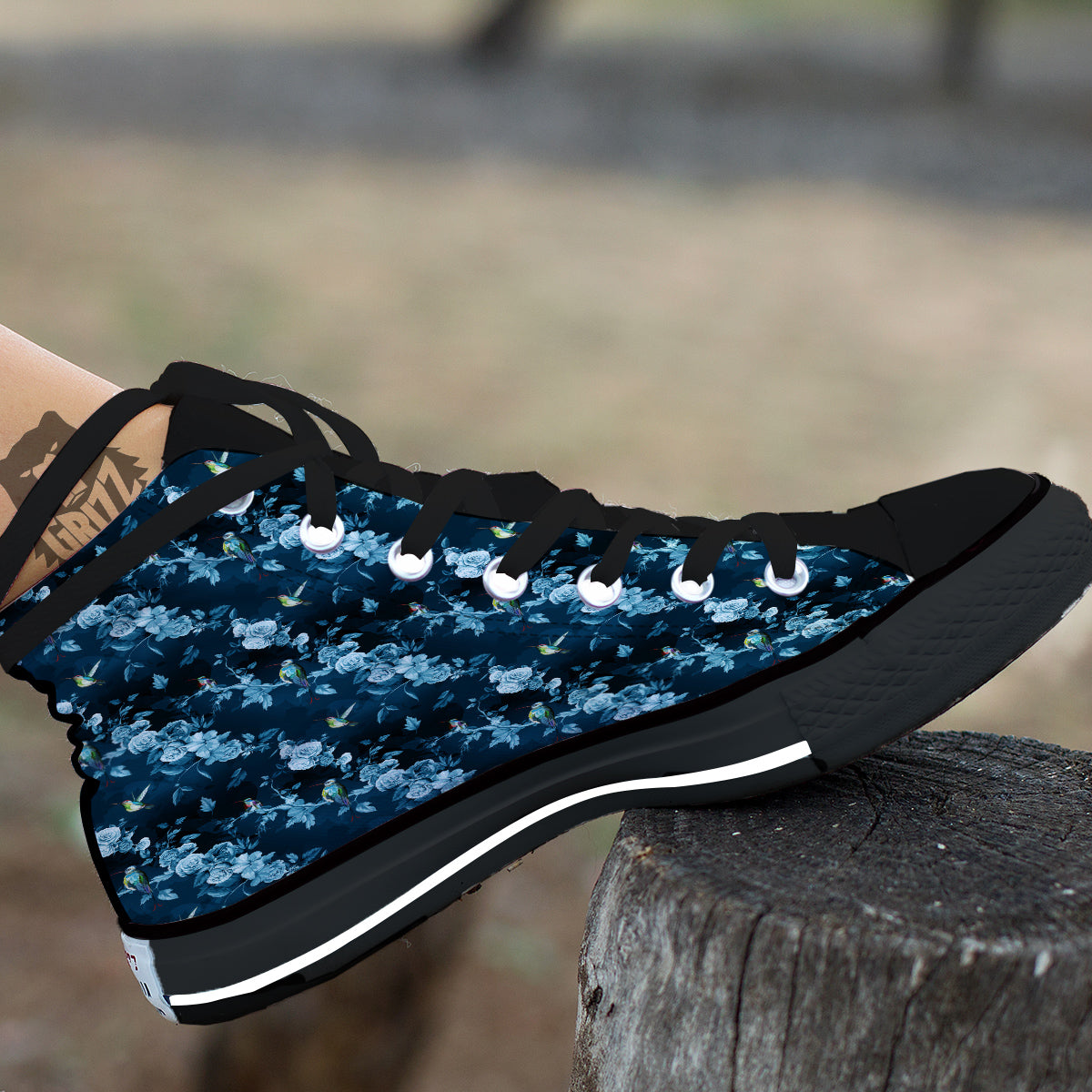 Floral Hummingbird Dark Blue Print Black High Top Shoes-grizzshop