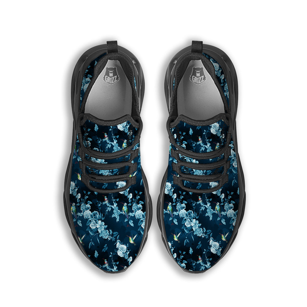Floral Hummingbird Dark Blue Print Black Running Shoes-grizzshop