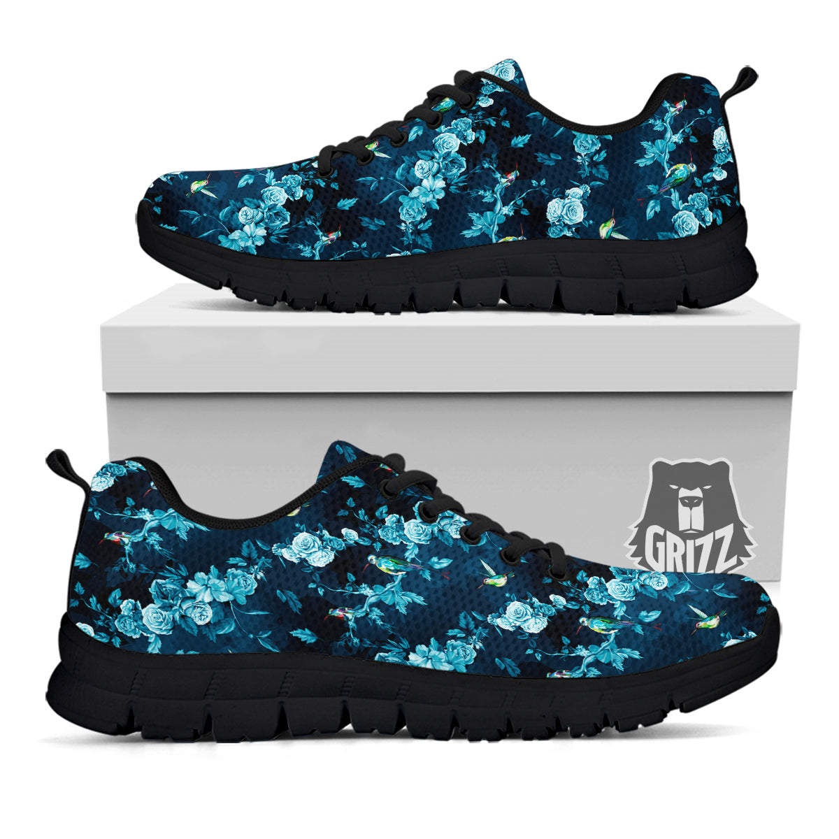 Floral Hummingbird Dark Blue Print Black Sneaker-grizzshop