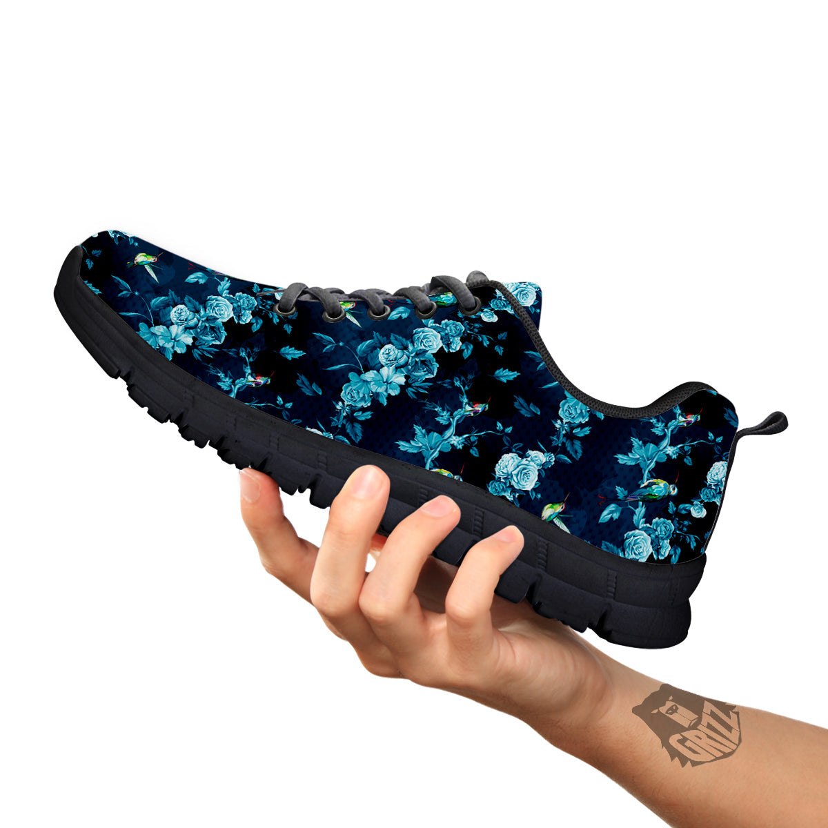 Floral Hummingbird Dark Blue Print Black Sneaker-grizzshop