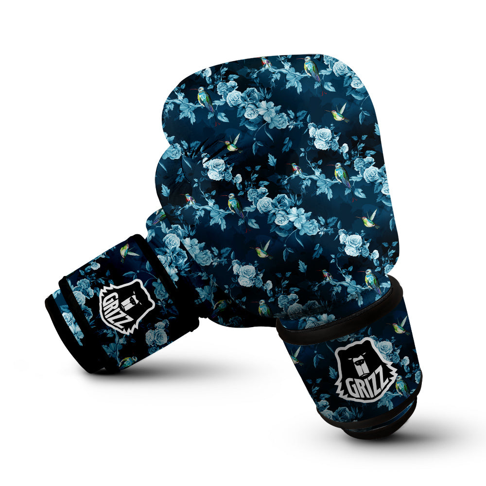 Floral Hummingbird Dark Blue Print Boxing Gloves-grizzshop