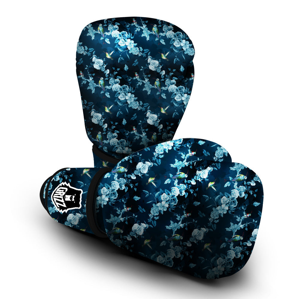 Floral Hummingbird Dark Blue Print Boxing Gloves-grizzshop