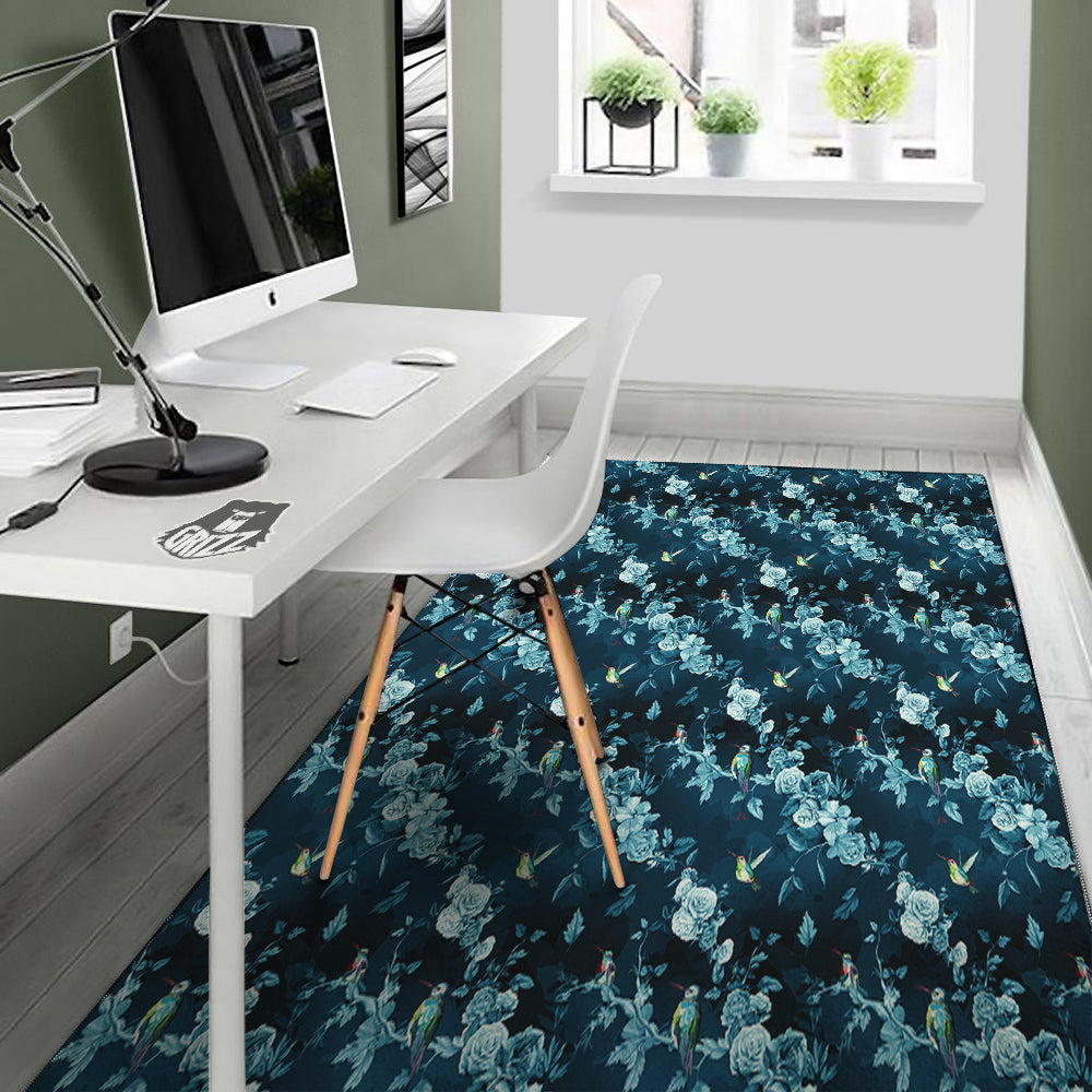 Floral Hummingbird Dark Blue Print Floor Mat-grizzshop