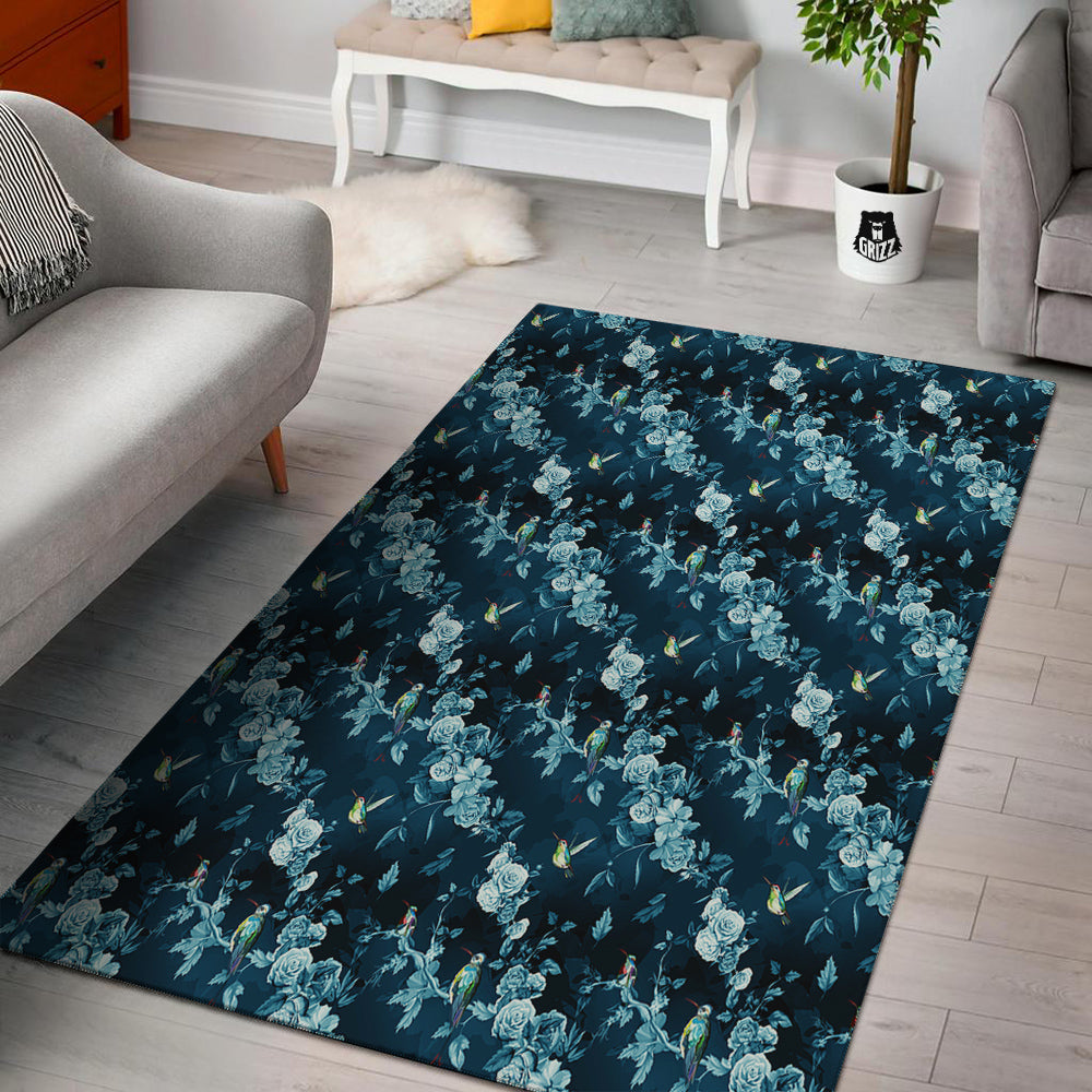 Floral Hummingbird Dark Blue Print Floor Mat-grizzshop