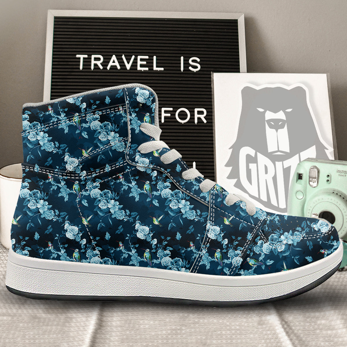 Floral Hummingbird Dark Blue Print High Top Sneakers-grizzshop