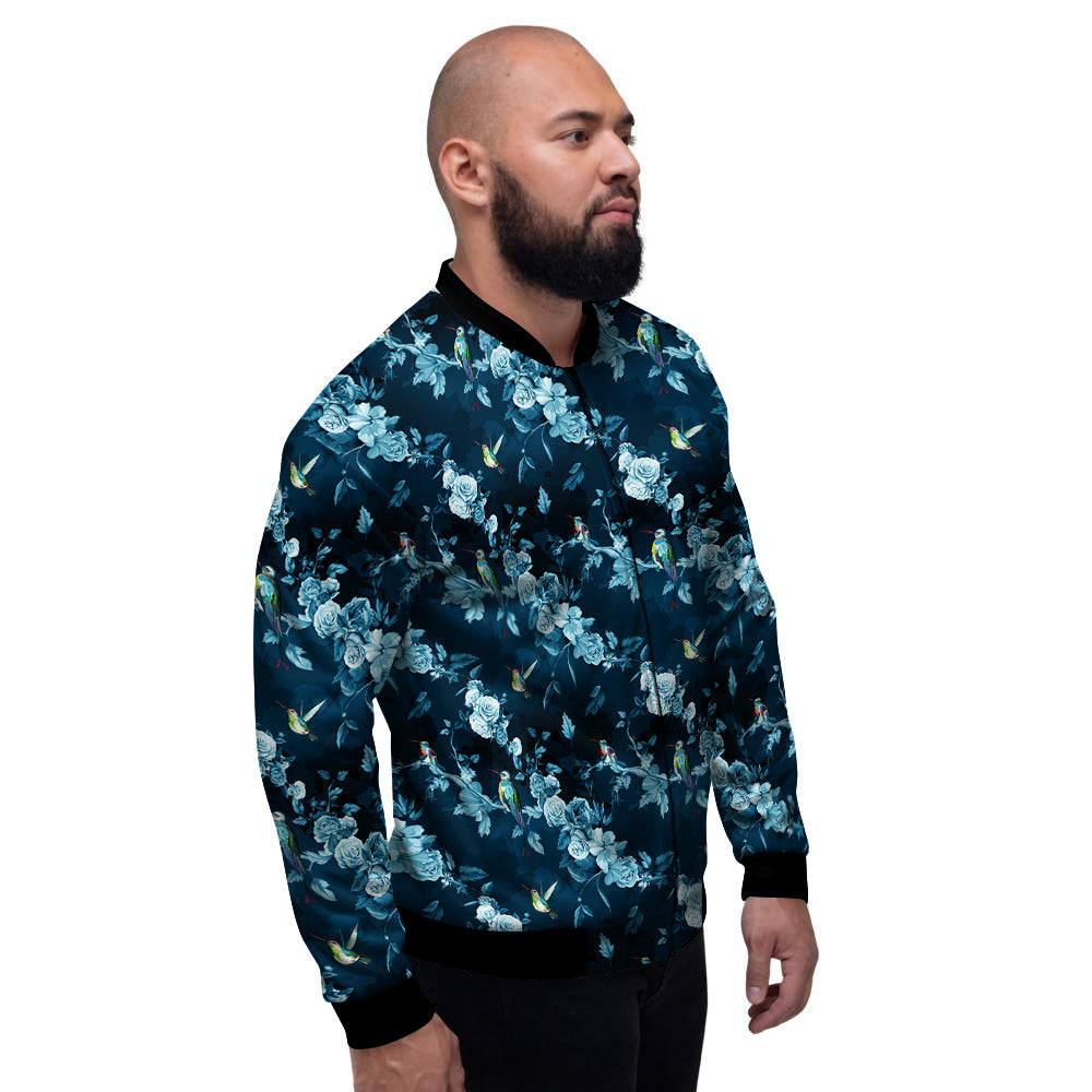 Floral Hummingbird Dark Blue Print Men's Bomber Jacket-grizzshop
