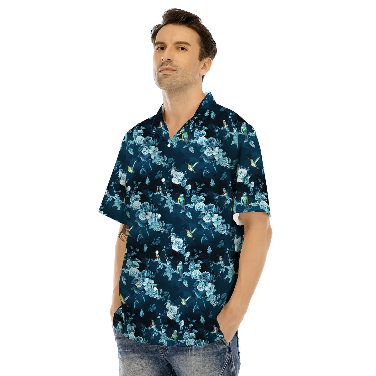Floral Hummingbird Dark Blue Print Men's Hawaiian Shirt-grizzshop
