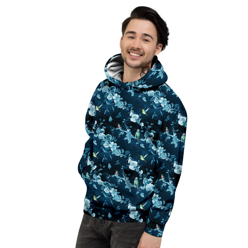 Floral Hummingbird Dark Blue Print Men's Hoodie-grizzshop
