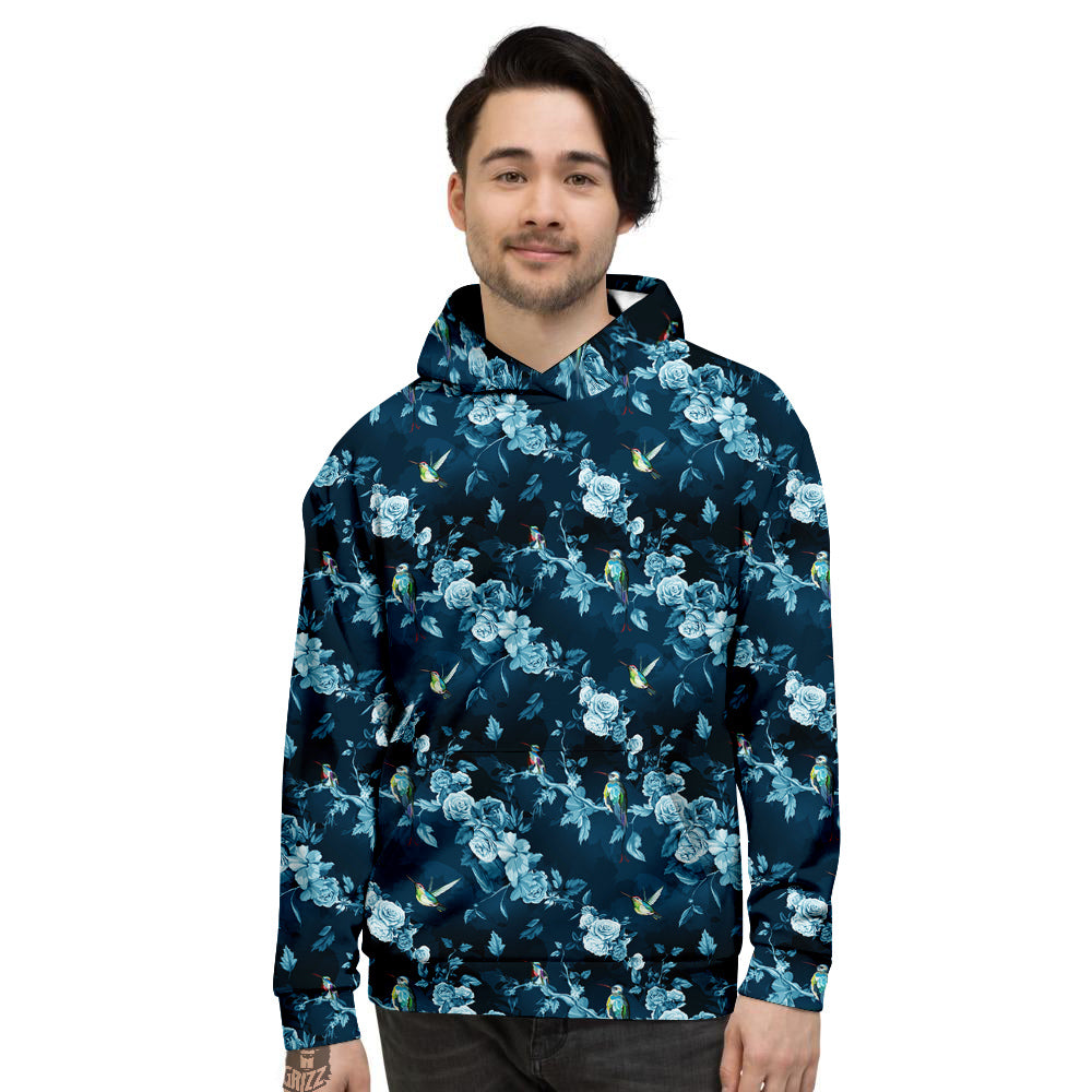 Floral Hummingbird Dark Blue Print Men's Hoodie-grizzshop