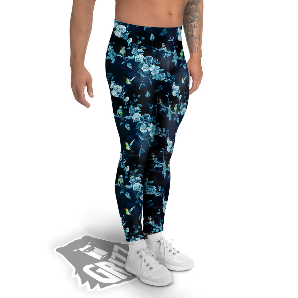 Floral Hummingbird Dark Blue Print Men's Leggings-grizzshop