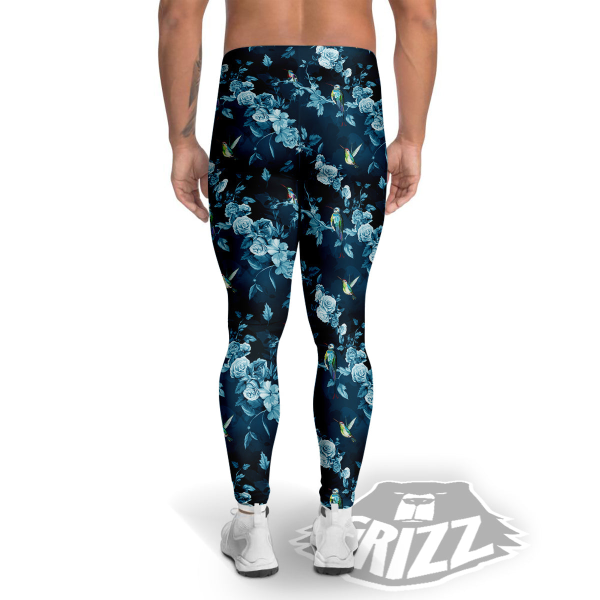 Floral Hummingbird Dark Blue Print Men's Leggings-grizzshop